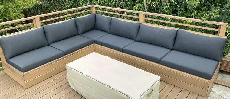 Built-in deck sectional with blue-grey cushions