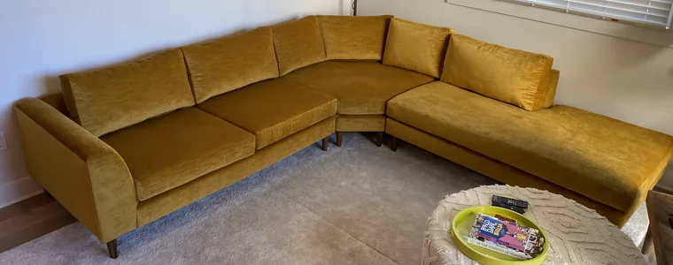 Gold velvet L-shaped sectional, fully reupholstered