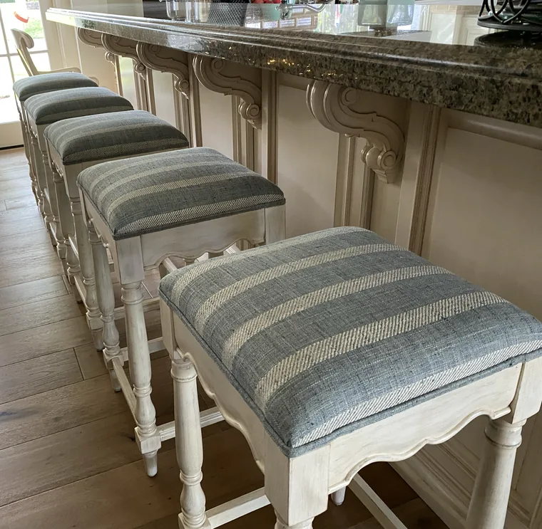 Kitchen bar stools recovered in a grey stripe