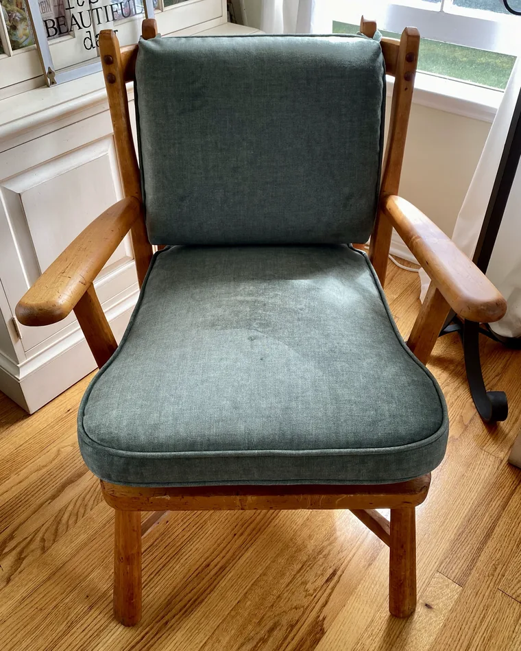 Mid-century wood-arm chair recovered in sage