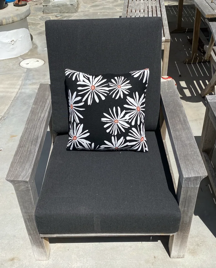 Teak lounge chair with charcoal outdoor cushions