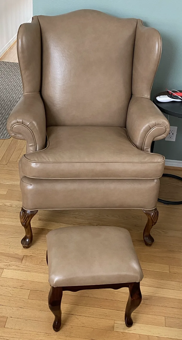 Wingback chair and ottoman in tan leather