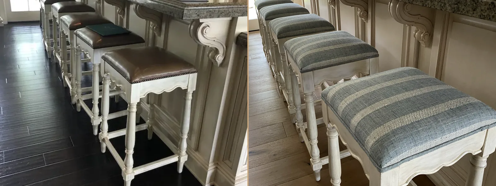 Kitchen bar stools before and after: worn brown leather seats on the left, new blue-grey striped seats on the right