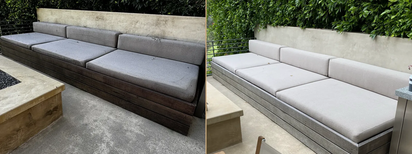Built-in outdoor bench before and after: weather-stained grey cushions on the left, new pale grey outdoor cushions on the right