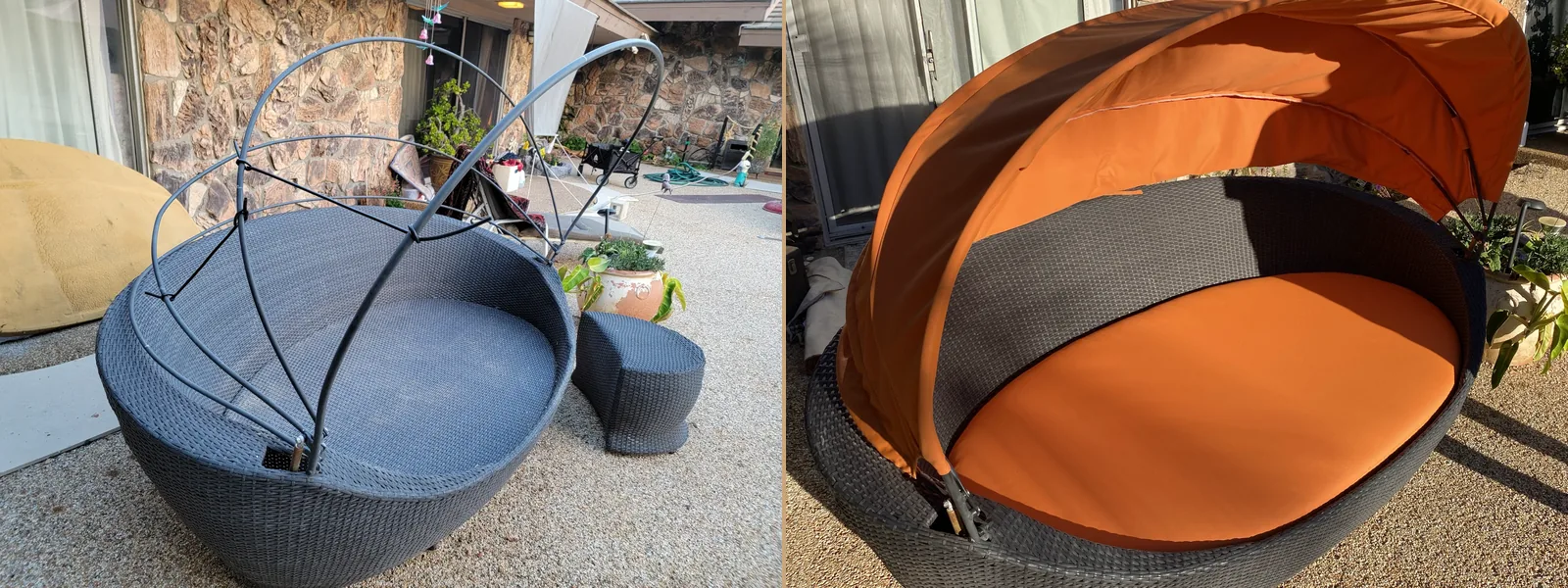 Round wicker canopy daybed before and after: a stripped canopy frame and bare shell on the left, a new orange canopy and cushion on the right