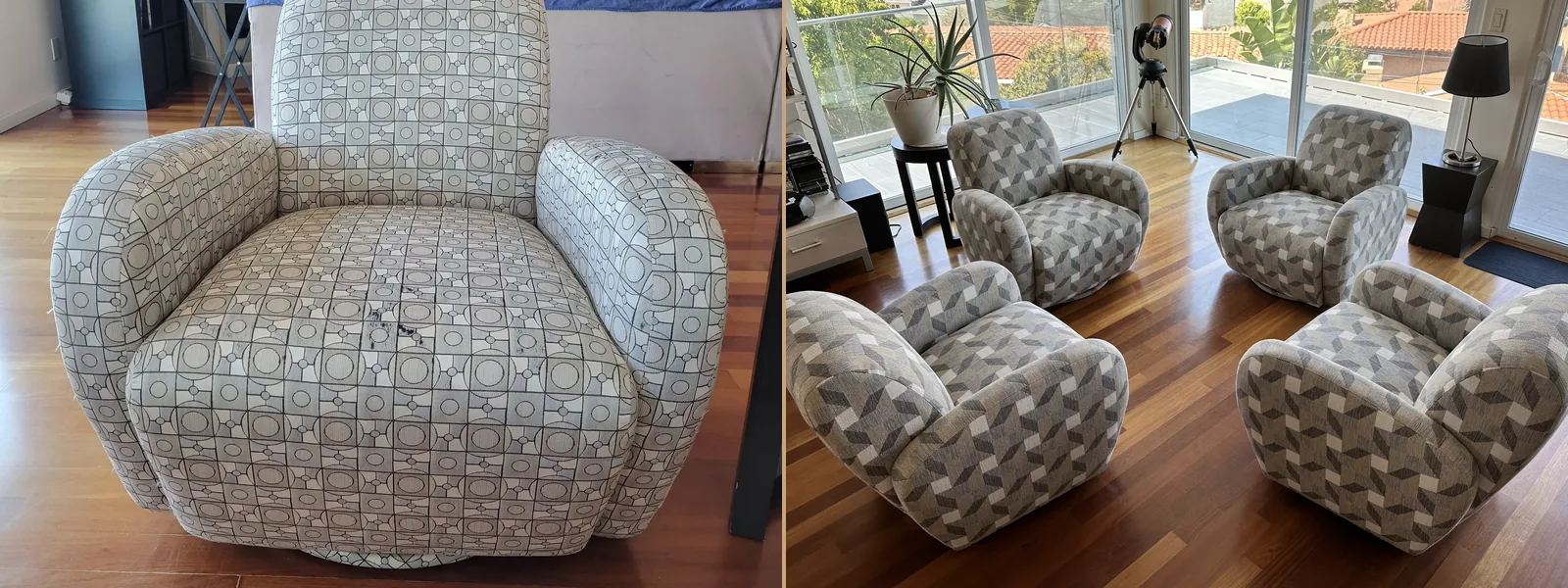 Swivel barrel chairs before and after: one chair in a worn cream medallion print on the left, four recovered in a grey geometric print on the right